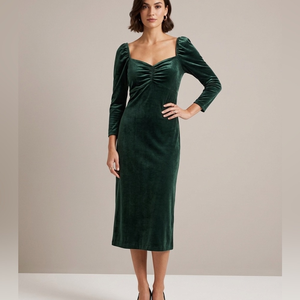 NWT Boden Tilda Velvet Midi Dress Botanical Green Sweetheart Puff Sleeve 12L